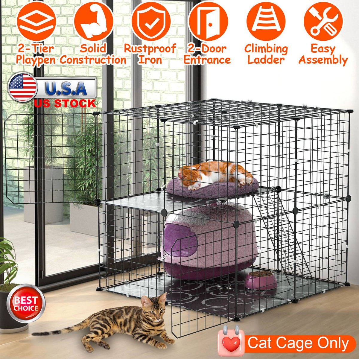 2Tier Cat Cage Playpen Indoor Pet Enclosures Kitten Kennel House Detachable Cat Crate with Climbing Ladder 2 Doors for 1-2 Cats for Ferret Squirrel Sm