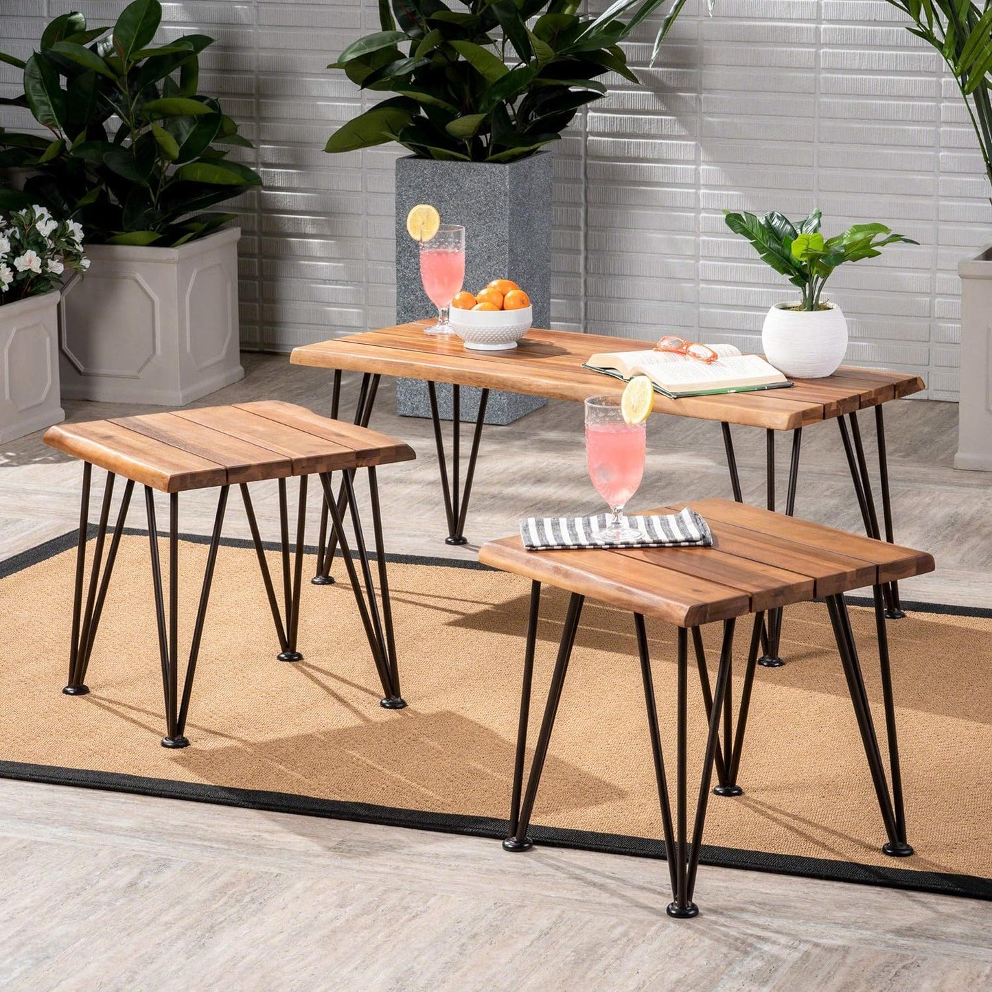 Zion Outdoor Industrial Iron Coffee Table and 2 Side Tables - Teak