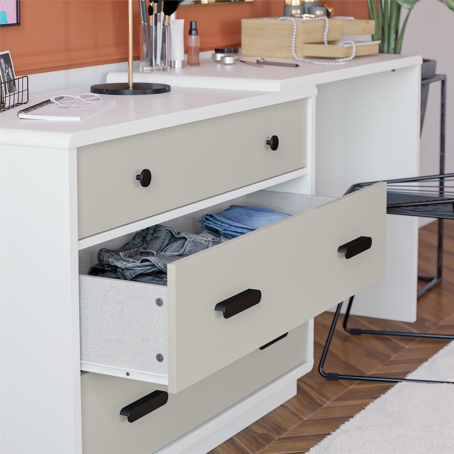 Valencia - 3 Drawer Dresser And Desk - Taupe