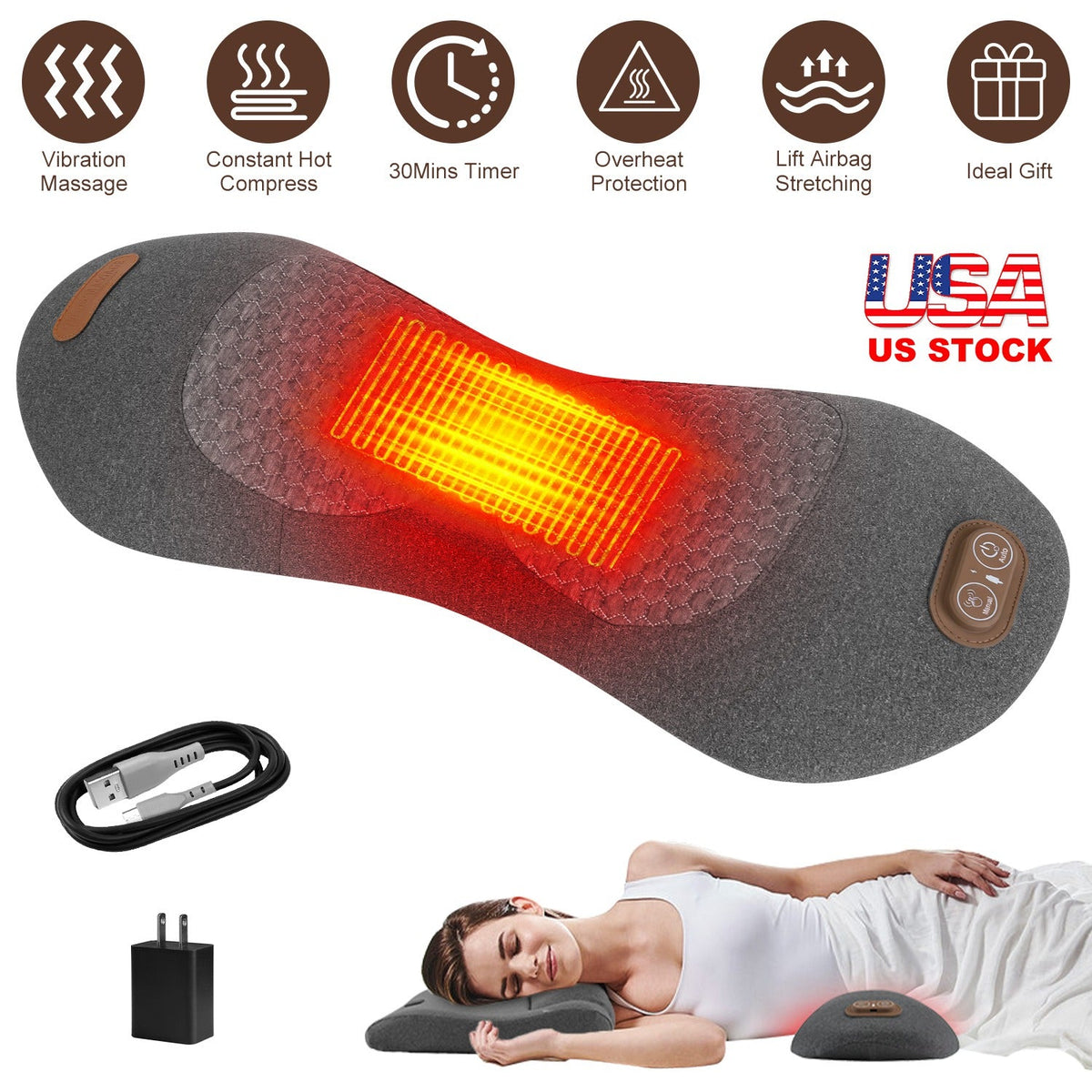 3 In 1 Electric Lumbar Massager Support Pillow Plug-in Memory Foam Lower Back Massager with Heat Vibration Airbag Stretching Adapter for Pain Relief