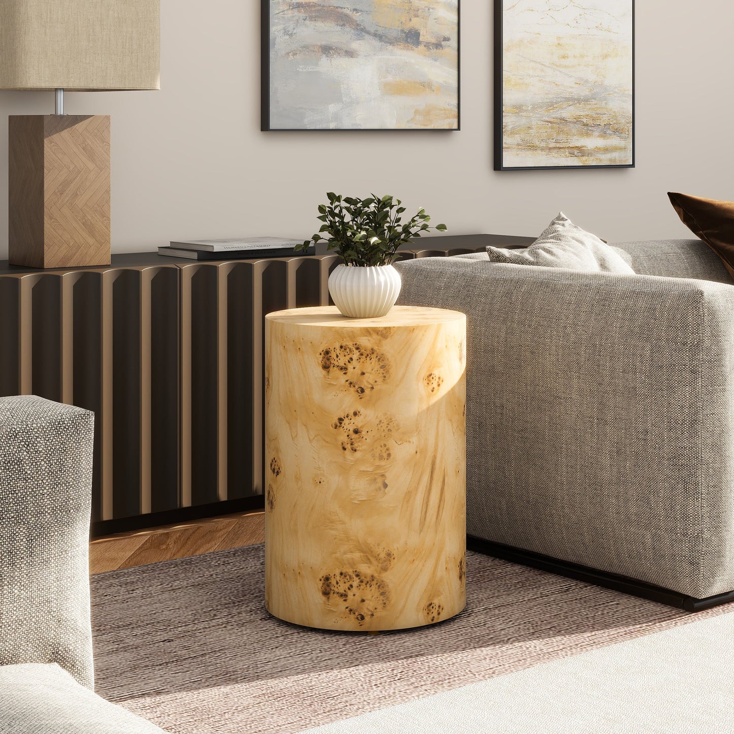 Nebula 22' Accent Pillar Side Table Warm Natural Brown Burl Wood