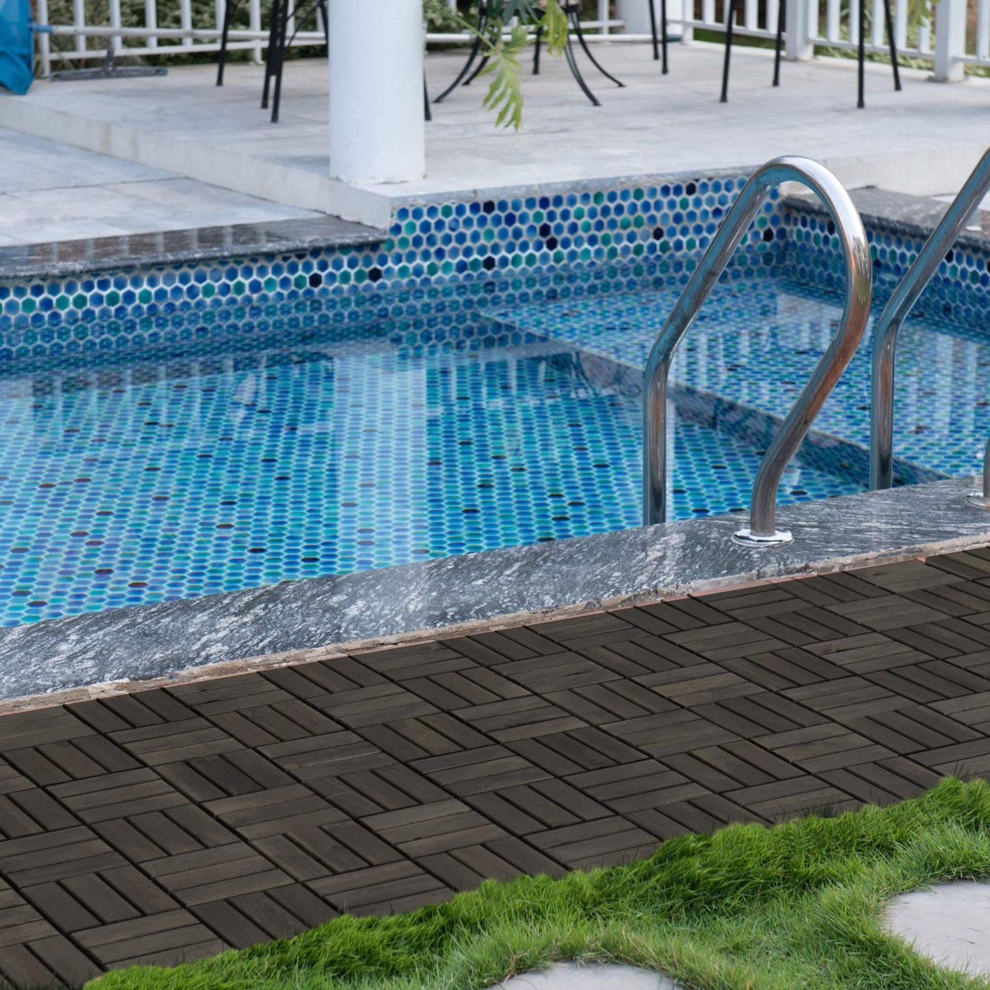 Acacia Wood Interlocking Deck Tiles Checker Pattern For Outdoor Flooring