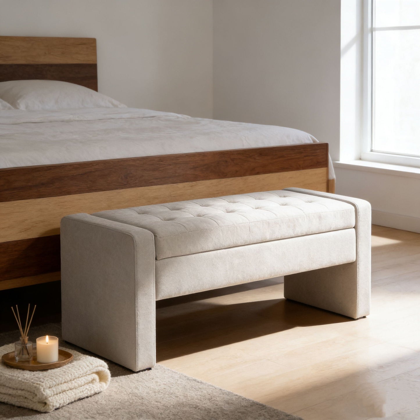 Upholstered Storage Bench With Tufted Seat, Ottoman For Living Room - White