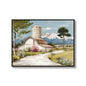 Framed Canvas Wall Art Beautiful Field Painting Wildflower Barn Print Nature Scenery Picture For Home - Blue / Pink