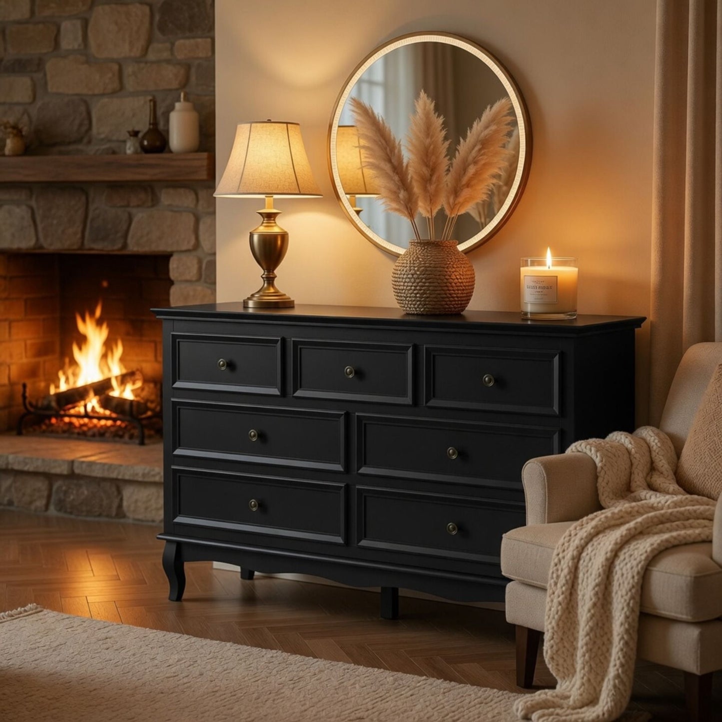 7 Drawer Dresser, Storage Chest - Black