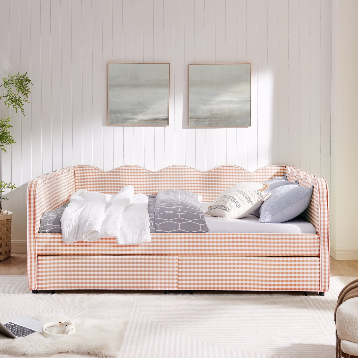 Queen Size Cozy Gingham Daybed with Two Storage Drawers and USB Port