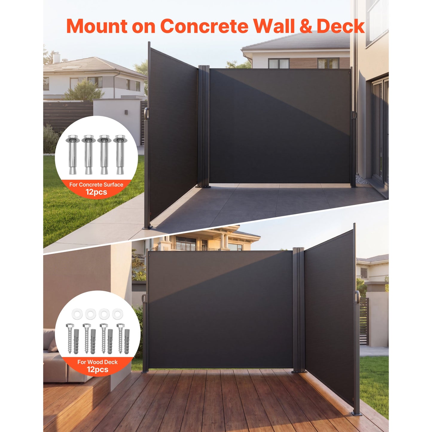 Retractable Side Awning, 71" x 236" Patio Screen with Waterproof Polyester Fabric