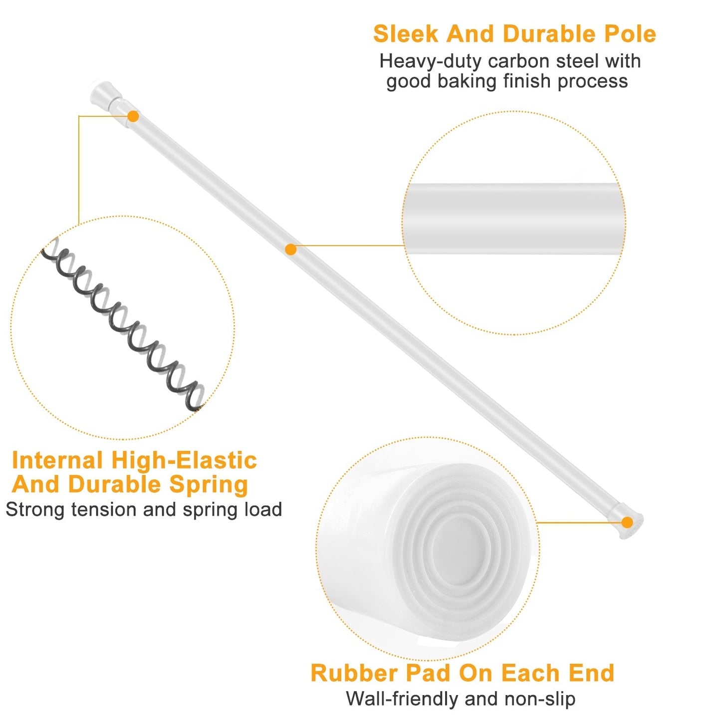 Tension Curtain Rod Spring Load Adjustable Curtain Pole Heavy-Duty Steel 4 Sizes for Bathroom Wardrobe Kitchen Balcony