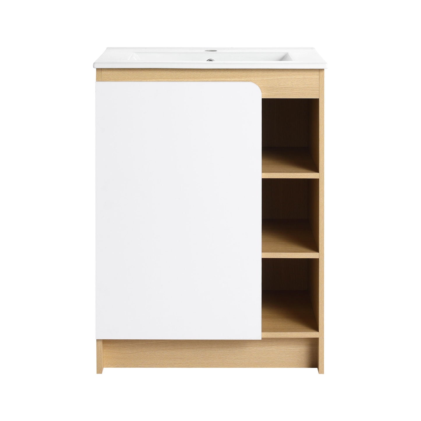 Freestanding Bathroom Vanity With Thin Rim Sink, Single Door With 4 Tier Open Shelves - Light Oak / White