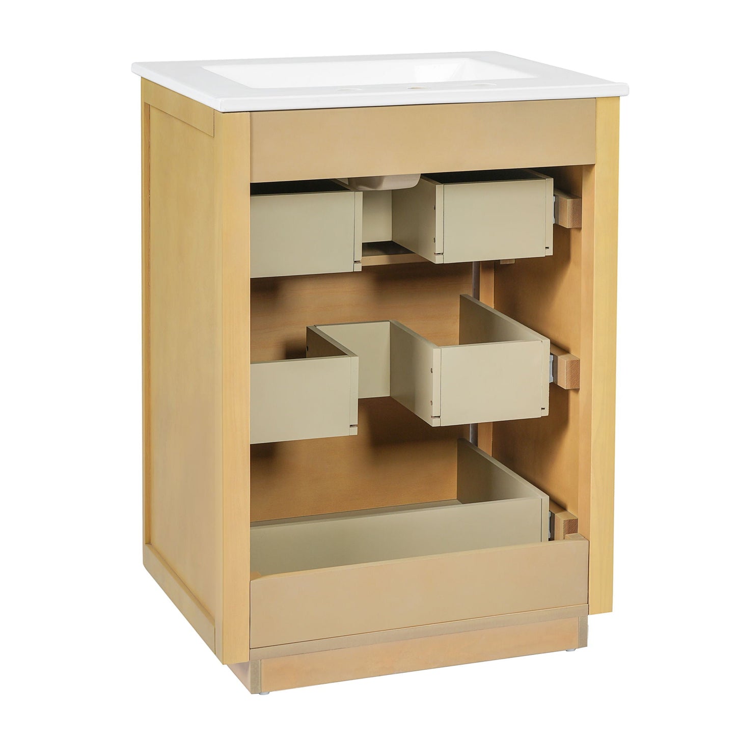Bathroom Vanity With Sink, Open Shelf & Closed Storage - Natural Wood