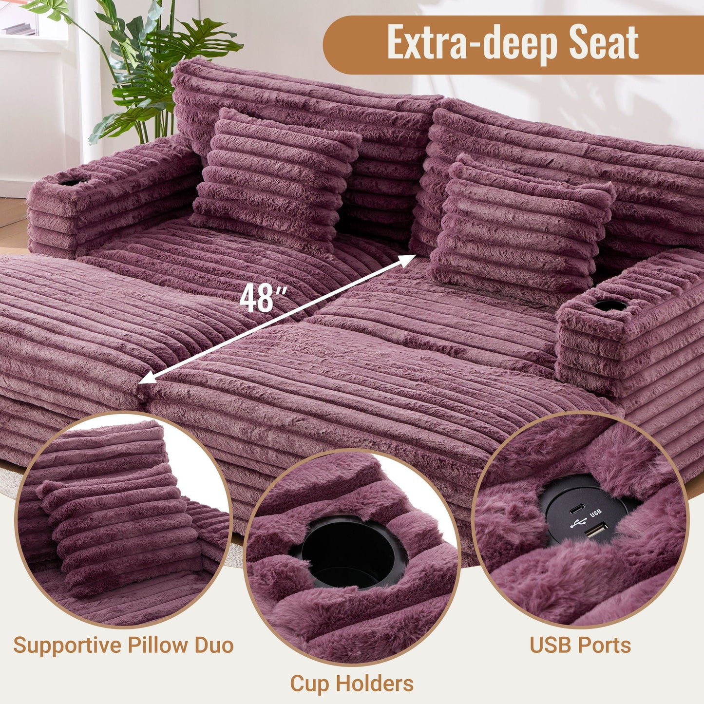 Oversized Double Chaise Lounge Sofa Bed With USB Ports And Cup Holders