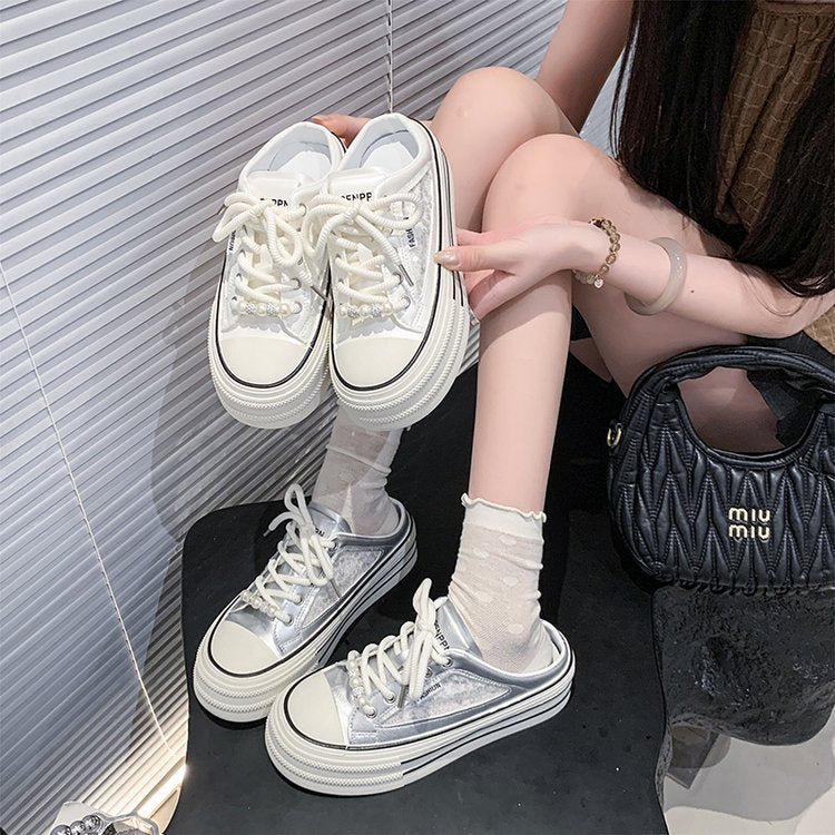 New Casual Breathable Mesh Closed Toe Mules, Versatile Lightweight Good-Looking White Slip-On Shoes For Women