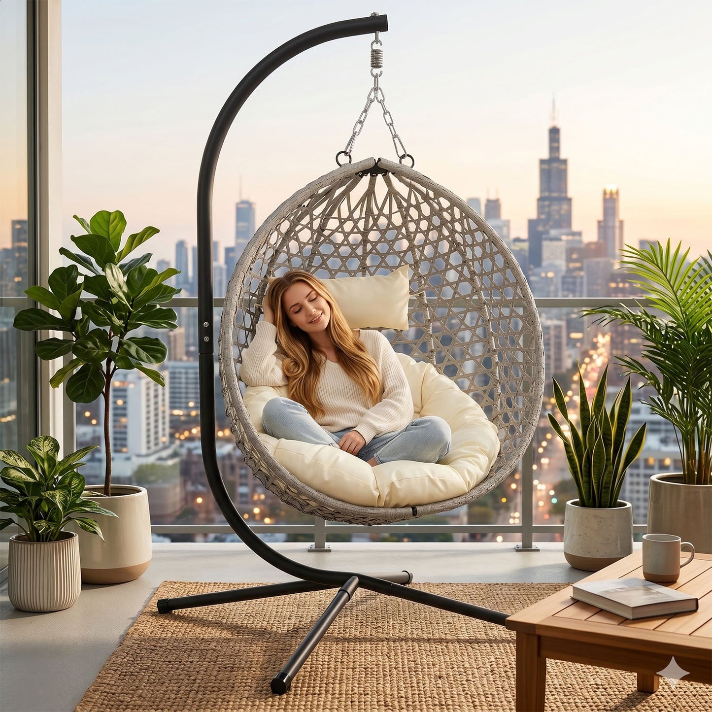 Folding PE Rattan Hanging Egg Chair with Stand