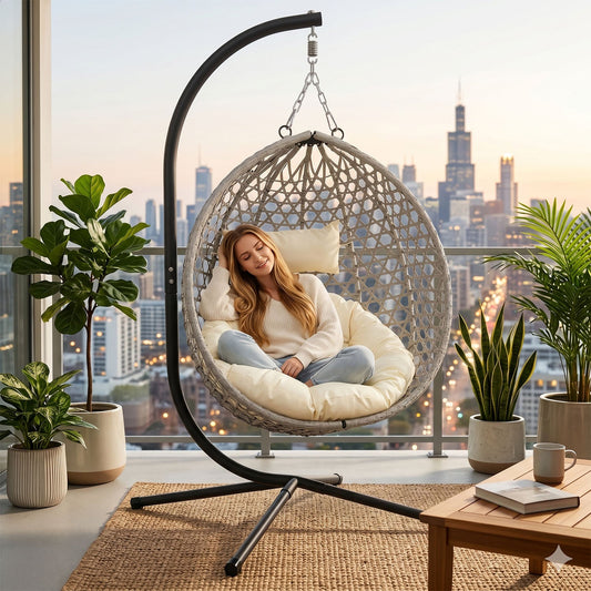 Folding PE Rattan Hanging Egg Chair with Stand
