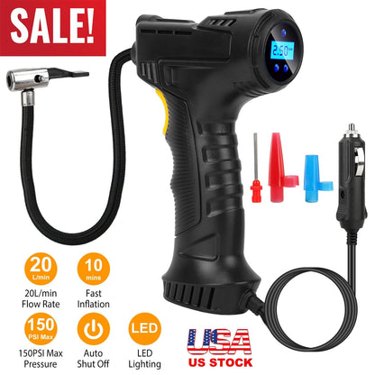 Portable Car Tire Inflator DC 12V Digital Car Air Pump Compressor Electric Air Pump w/LED Light 150PSI