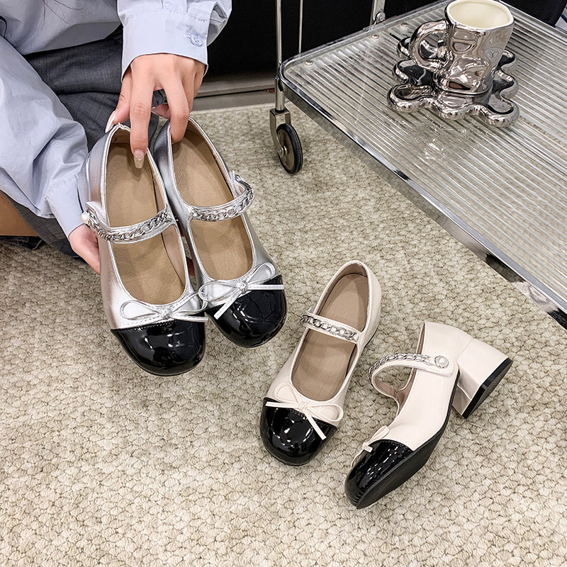 Mary Jane Slip-On Mid-Heel Shoes, Spring & Autumn Style, Black & White Color Block, Chain Decor, Round Toe, Bowknot, Women's Block Heel Pumps