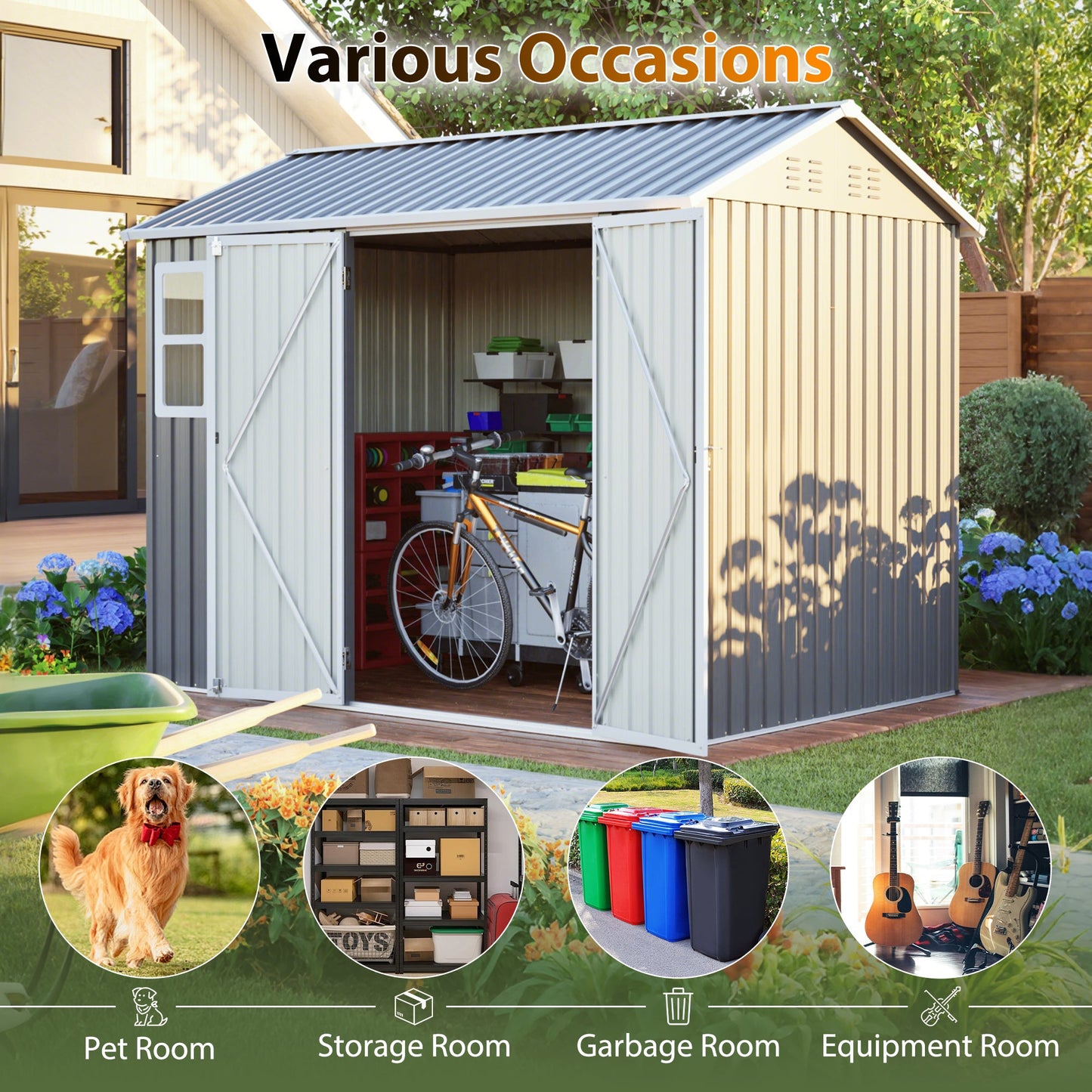 8'x6' Large Steel Storage Shed with Window, Lockable Doors & Sloped Roof
