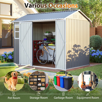 8'x6' Large Steel Storage Shed with Window, Lockable Doors & Sloped Roof