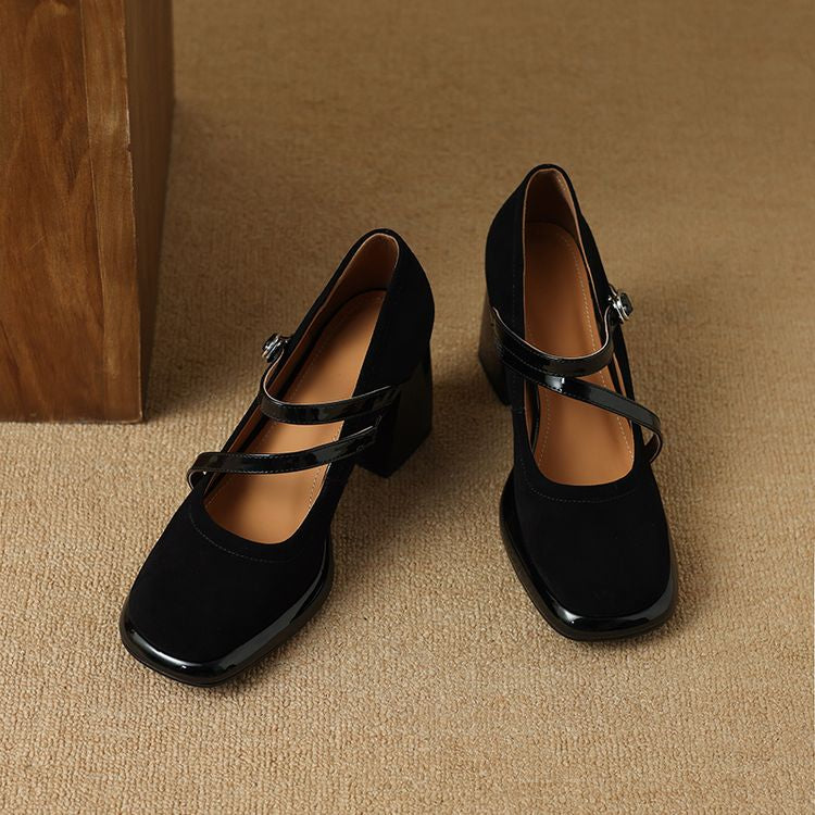 French Square Toe Mary Jane Shoes For Children's Spring 2025 New Style, Thick Heel Cross With Shallow Mouth High Heels, Worn As A Single Shoe Outside