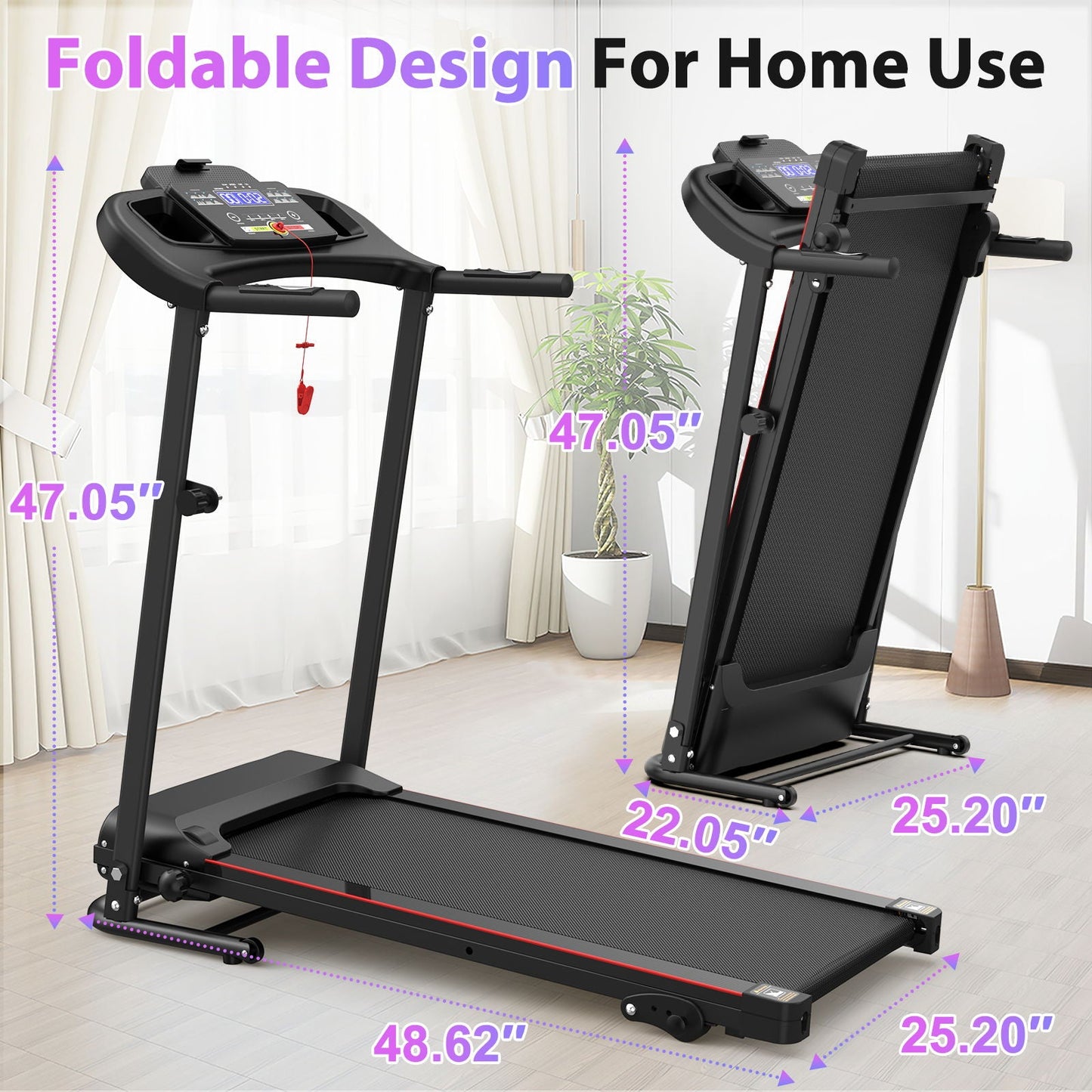 Foldable Electric Treadmill With 2.5Hp Motor, 12Km / H Speed, 3 Incline Levelstooth Music, Heart Rate Sensor, Spacious Running Belt For Indoor - Black