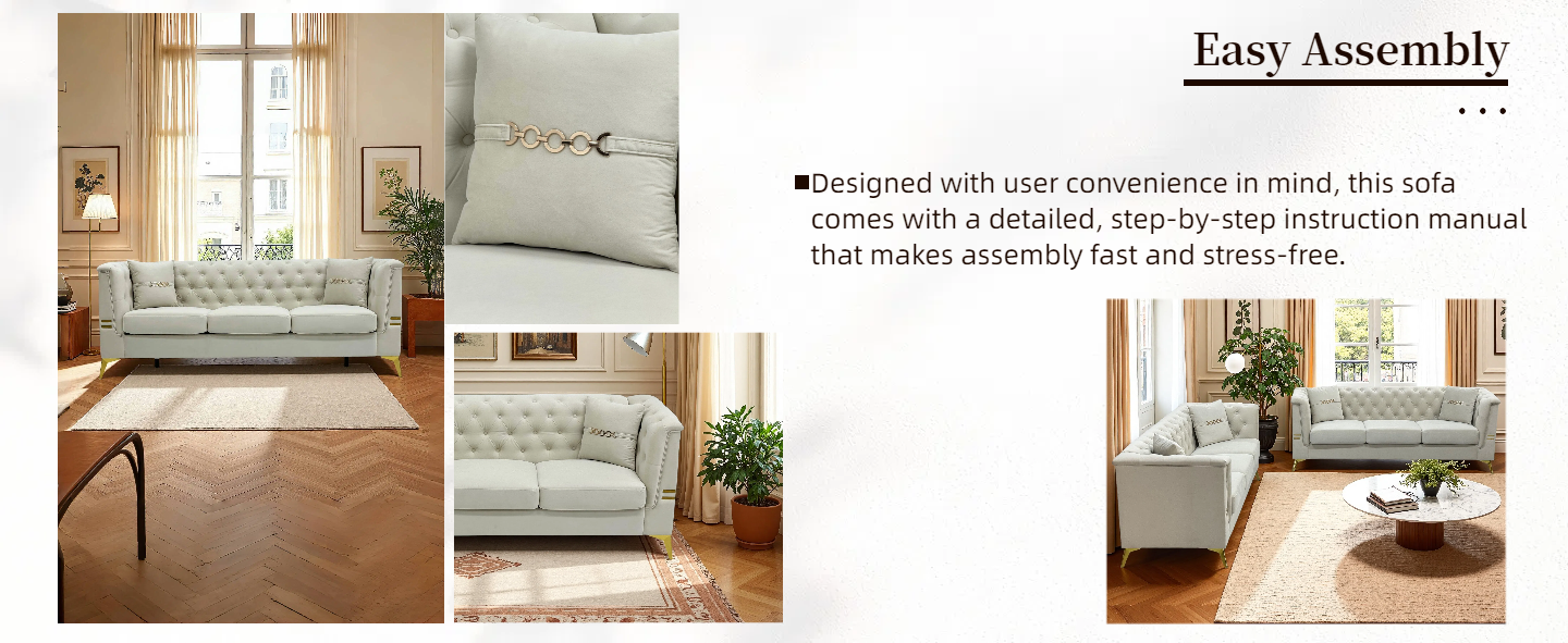 Modern Tufted Velvet Sofa with Gold Accents, 3-Seater