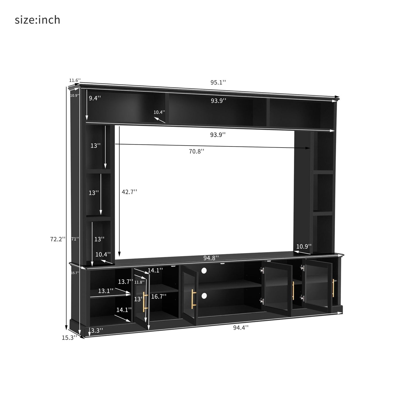 All-In-One Entertainment Center with Bookshelves & Tempered Glass Doors