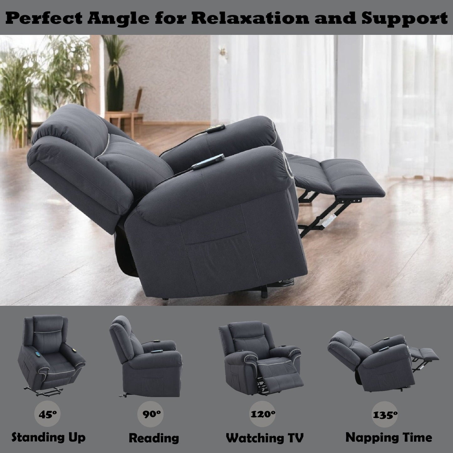 Domana - Polished Microfiber Power Nirion Recliner With Lift Heating Massage Chair - Dark Blue