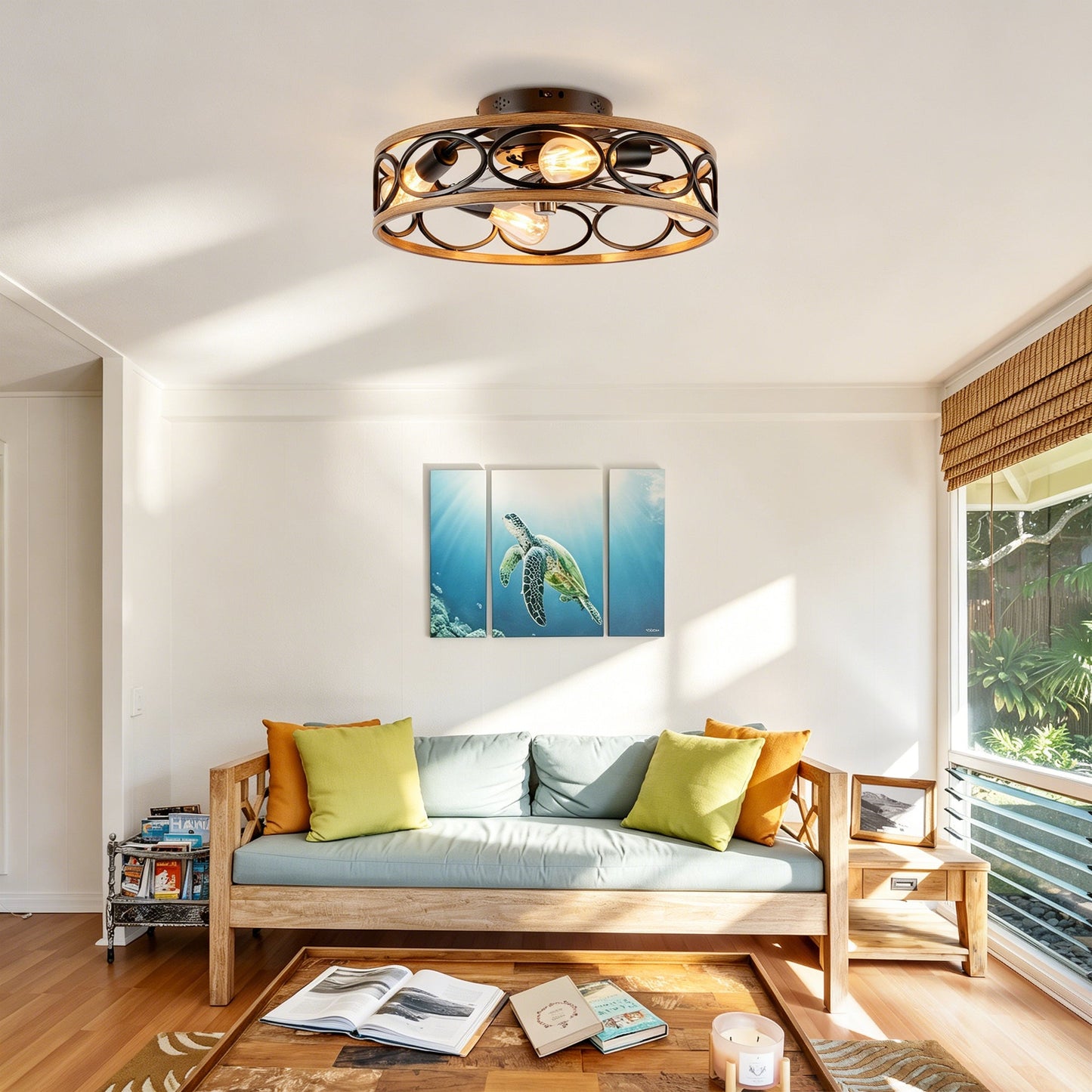 19-Inch 7-Blade Caged Flush Mount Ceiling Fan with Remote Control