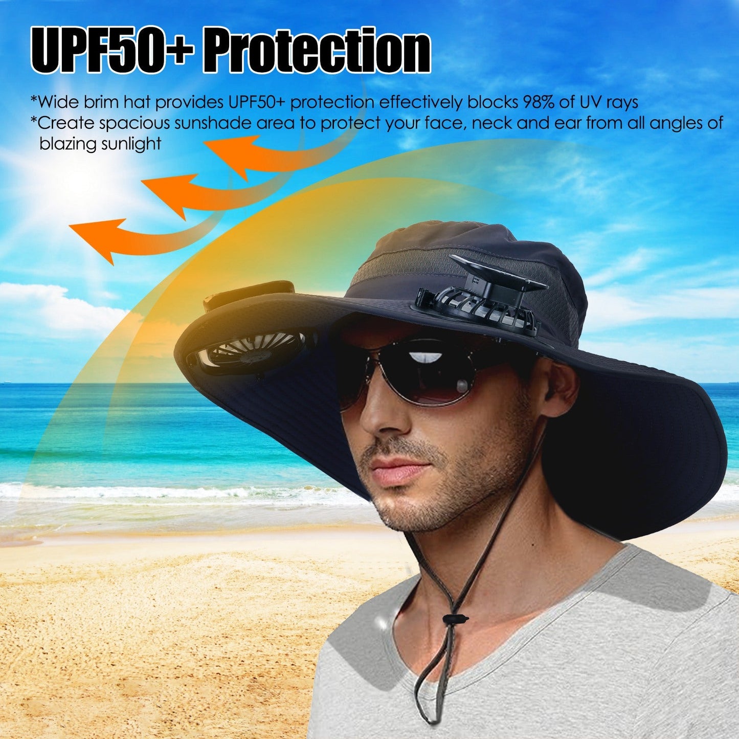 Outdoor Wide Brim Sun Hat With 2 Rechargeable Fans Solar Powered 3 Wind Speeds UPF50+ Breathable Waterproof Nylon Mesh Outdoor Hat For Hiking Camping