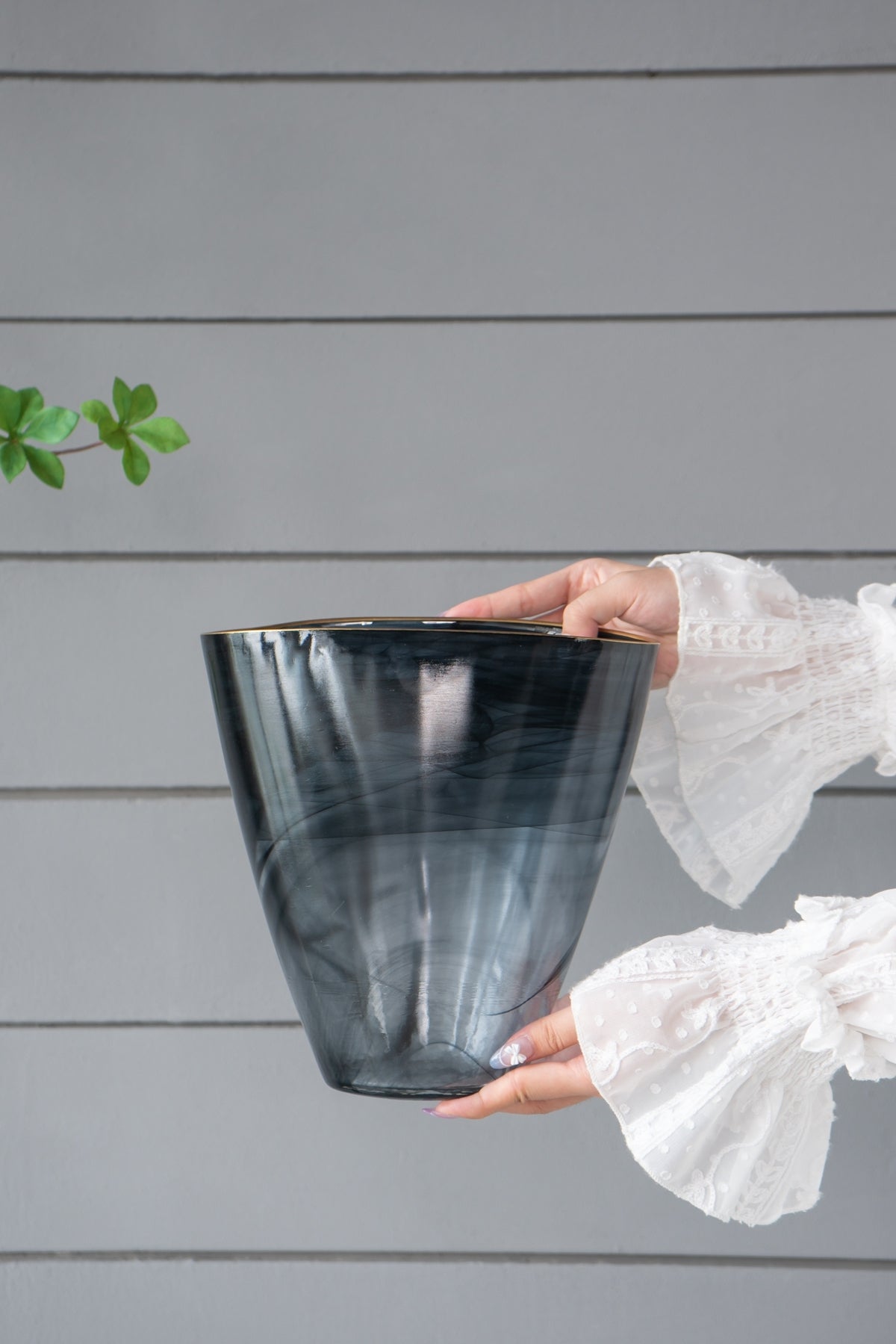 9.3x4.7x9.3' Smokey Black Glass Vase with Gold Rim