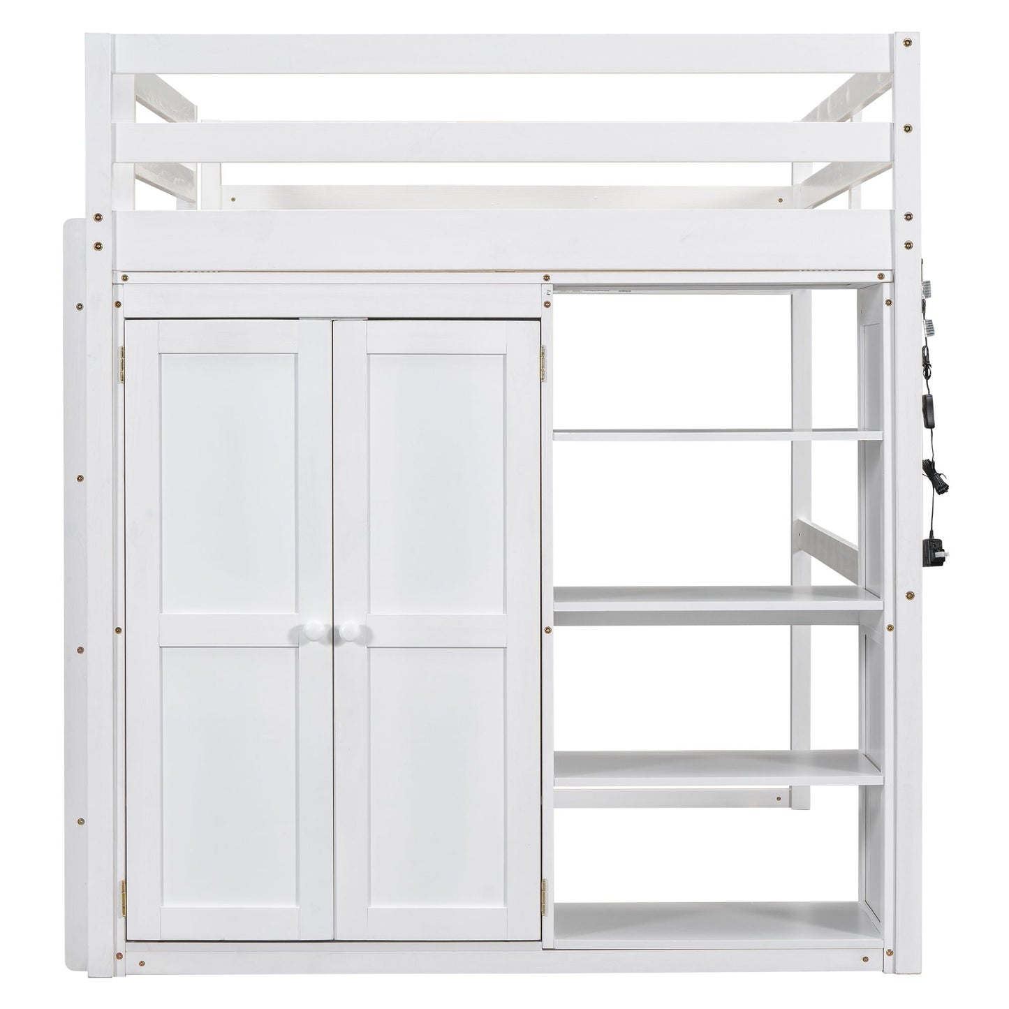 Loft Bed With Built In Wardrobe, Storage Shelves, And LED Light