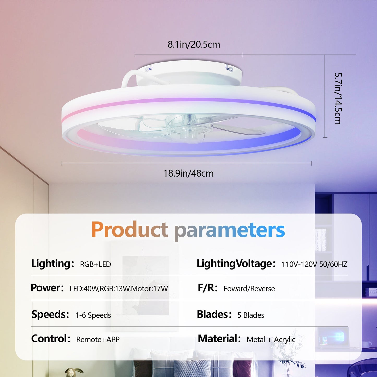 RGB Ceiling Fan with Lights, 19'' Smart LED Bladeless Chandelier Fan