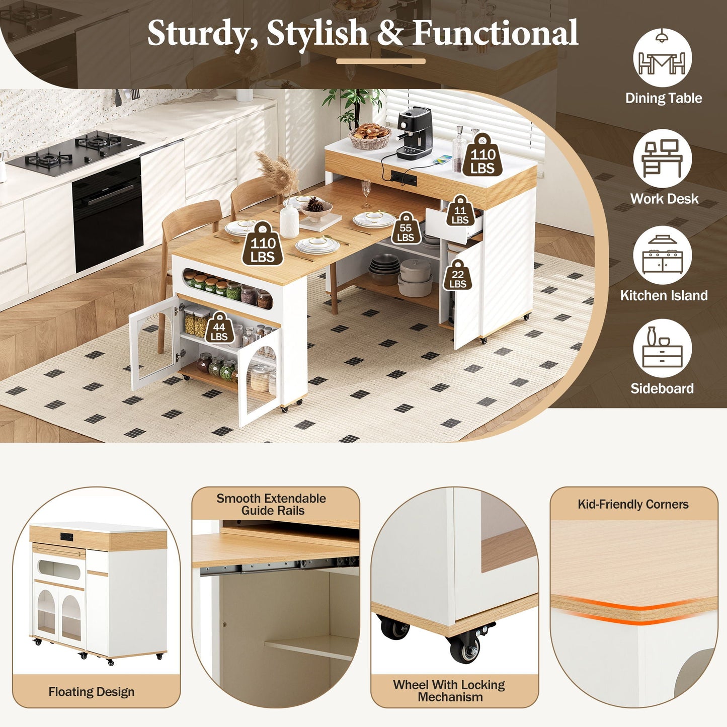 Extendable Dining Table With Folding Top, Rolling Kitchen Island With Drawers And Power Outlet