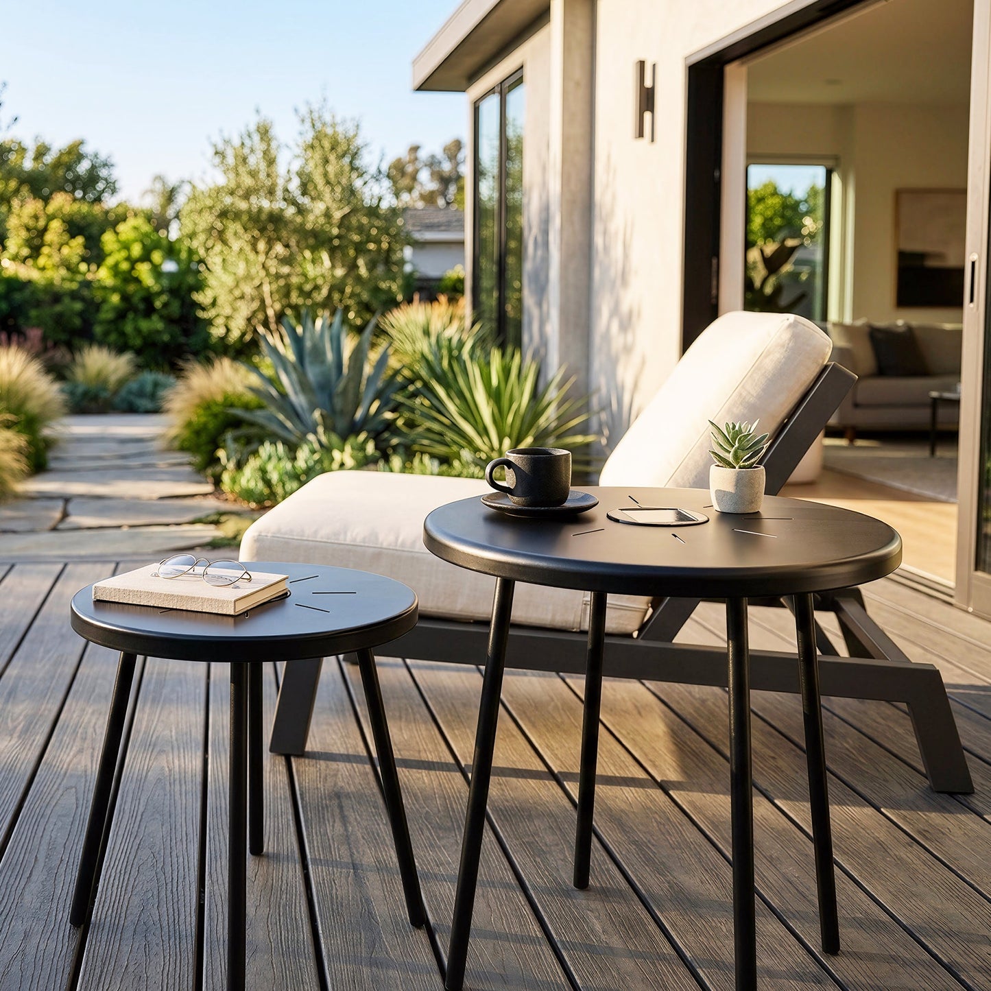 2-Pack Solar Powered Side Table with LED Light, Outdoor/Indoor Nesting Round End Table Set