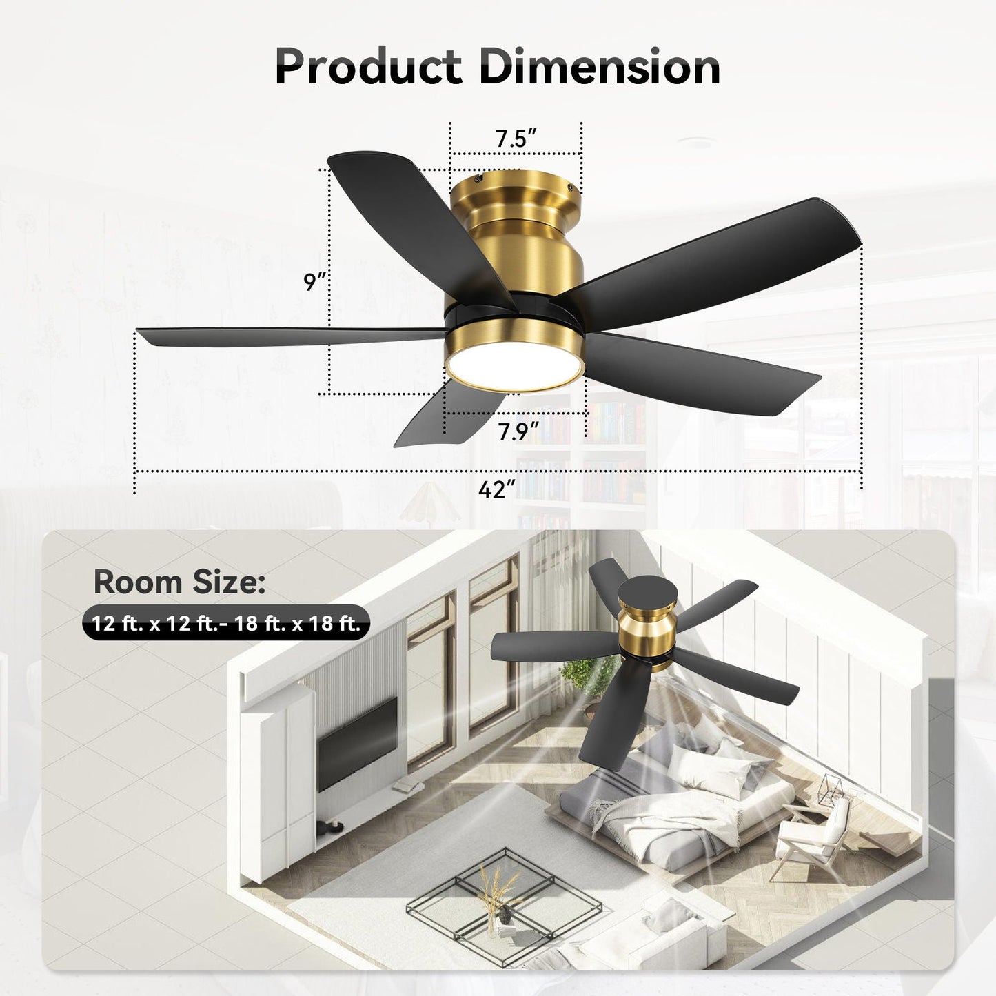 Flush Mount Ceiling Fan with LED Light and Remote Control
