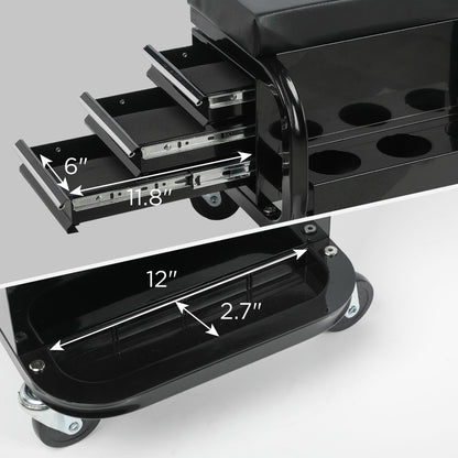 Rolling Creeper Garage Seat With 3 Built-In Drawers