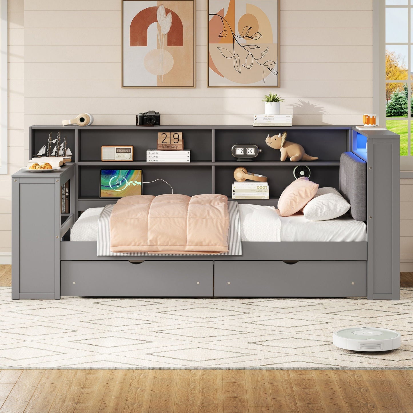 Platform Bed With Upholstered Headboard, Storage Shelves, Drawers, Charging Station, LED Lighting, Built In Desk