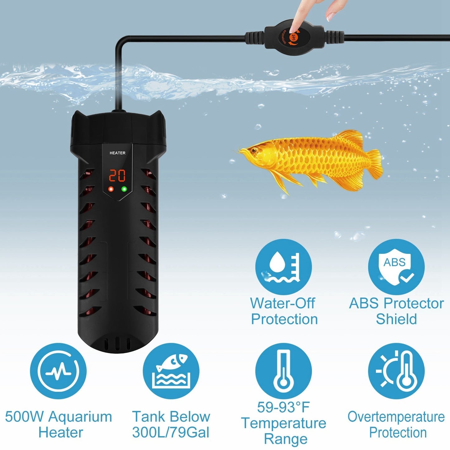 500W Submersible Aquarium Heater Temperature Adjustable External Controller 79Gal Fish Tank Heater Aquarium Thermostat Heater For Freshwater Saltwater