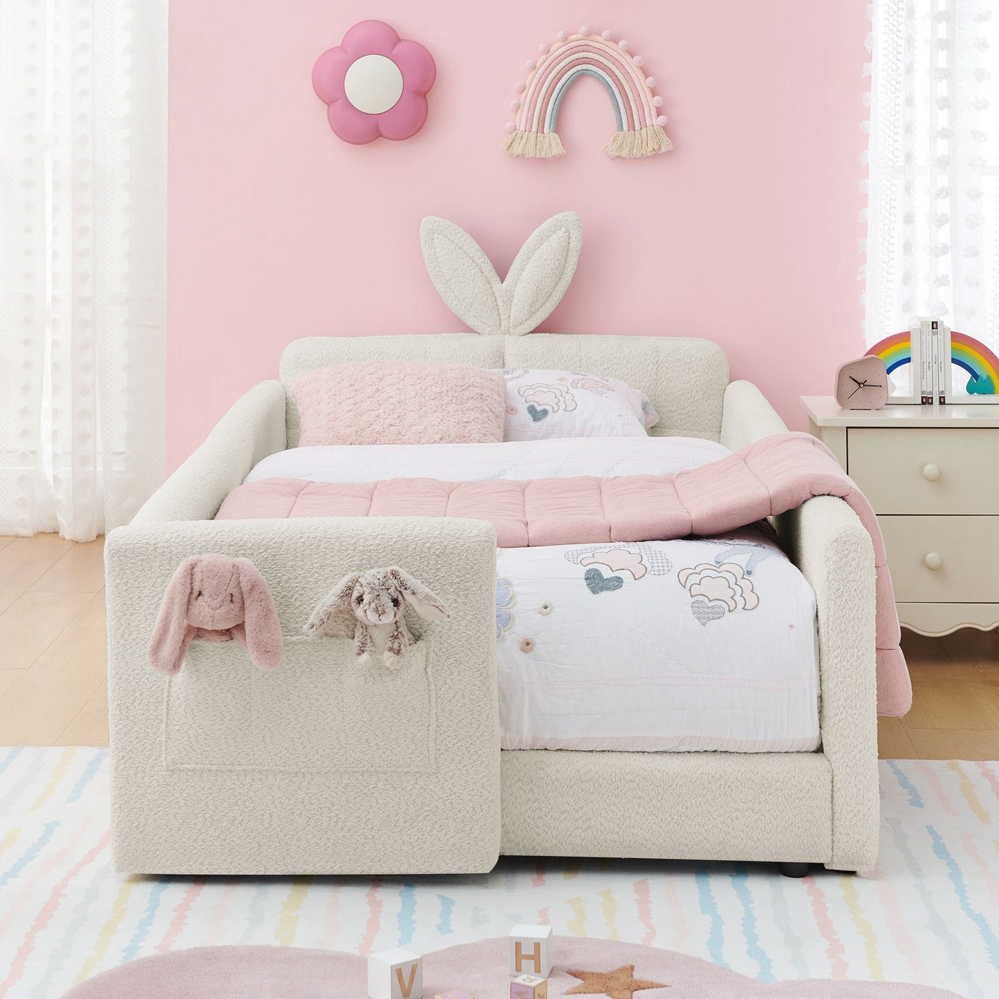 Cute Rabbit Ear Upholstered Platform Bed Frame With Safety Rail
