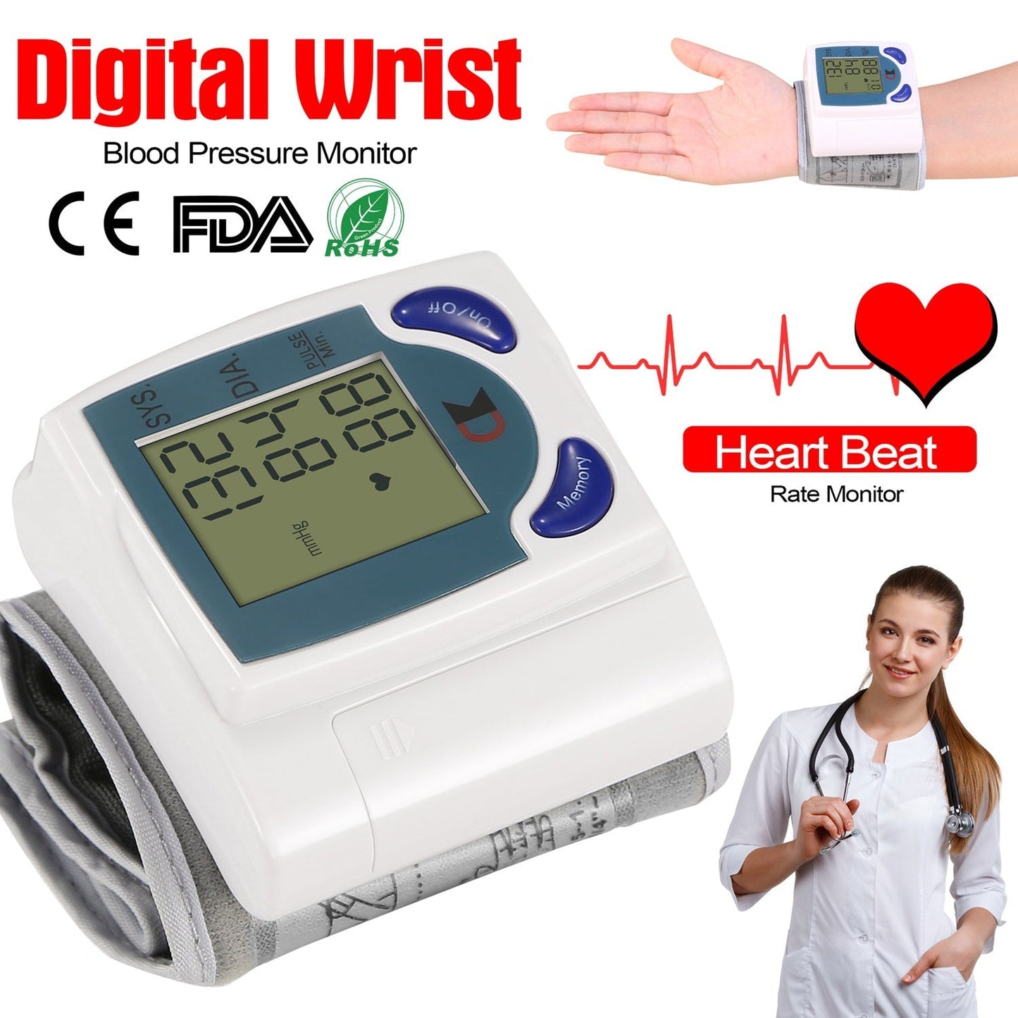 Blood Pressure Monitor Wrist Digital High Blood Pressure Cuff Heartbeat Tester w/ 60 Reading Memory 1.8 Inches LCD Screen Storage Box