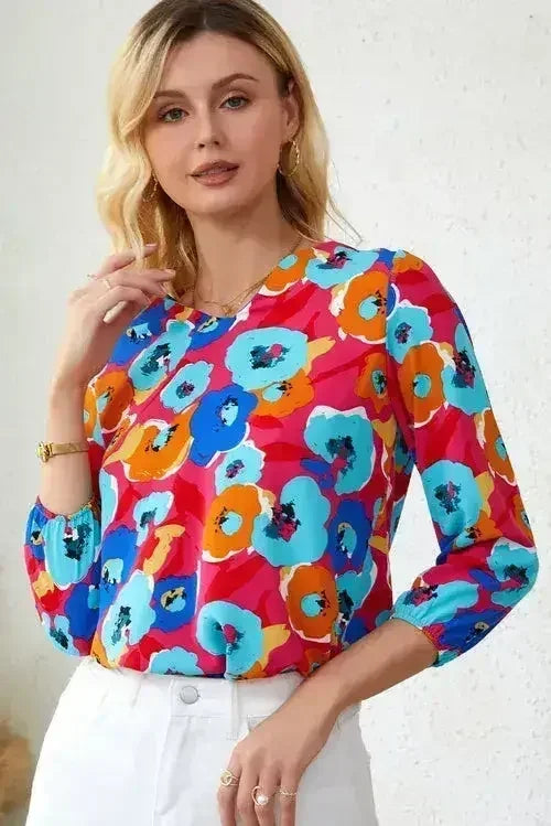 Floral Print V Neck Blouse - 3/4 Sleeve & Non-Stretch | Femstylo