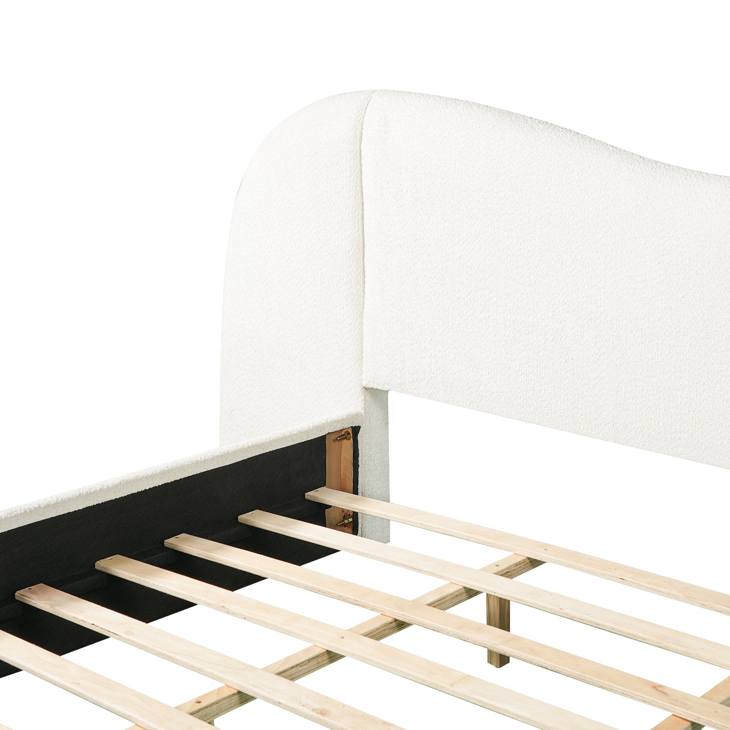 King Size Upholstered Bed Frame With Boucle Fabric Curved And Wide Headboard