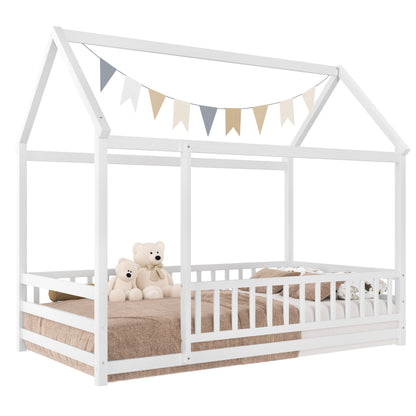 Twin Size Floor Wooden Bed with House Roof Frame