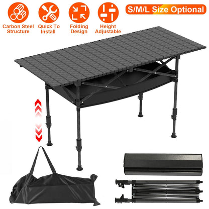 Portable Folding Camping Table With Adjustable Height Hanging Net Rustproof Carbon Steel Foldable Roll-Up Camping Table for Picnic Camping Hiking Beac