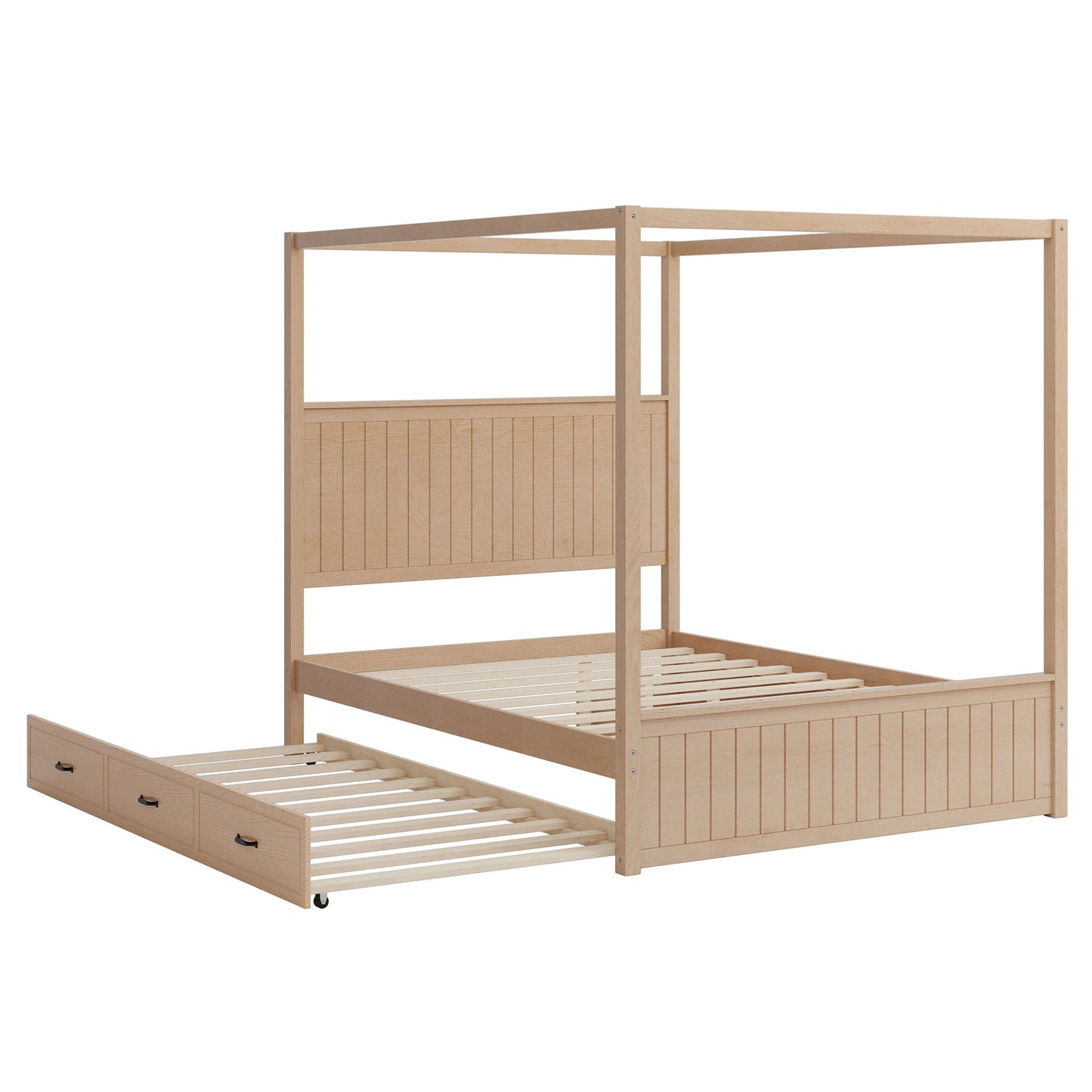 Queen Size Canopy Platform Bed With Trundle And 3 Storage Drawers, 4 Post, No Box Spring Needed - Natural