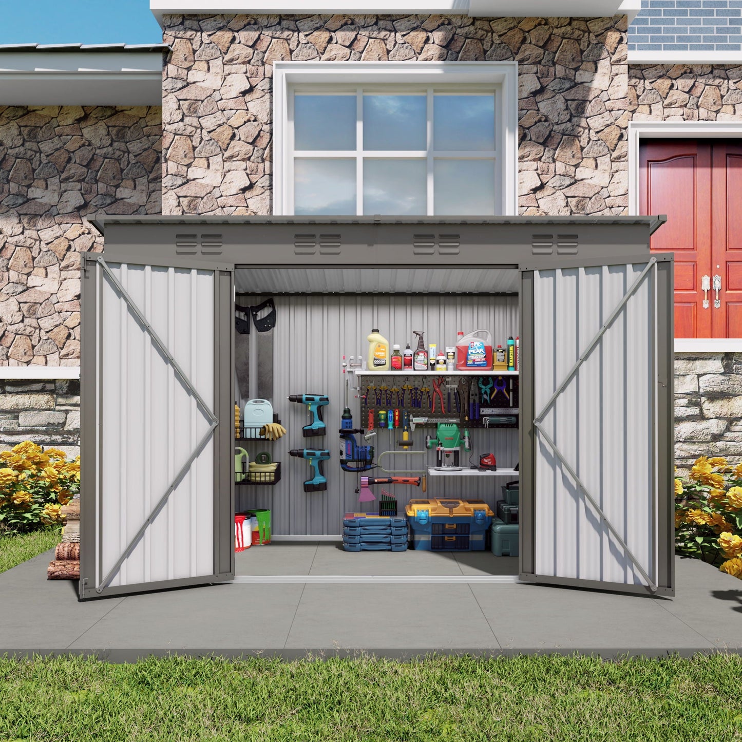 Outdoor Storage Shed, Tool House With Sloping Roof, 6 Vents And 2 Swing Doors For Backyard - Gray