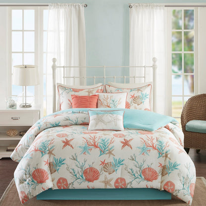 7 Piece Cotton Sateen Comforter Set Coral King