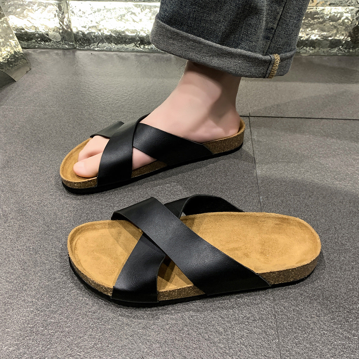 Mens Cork Slippers Cross-strap Sandals Fashionable