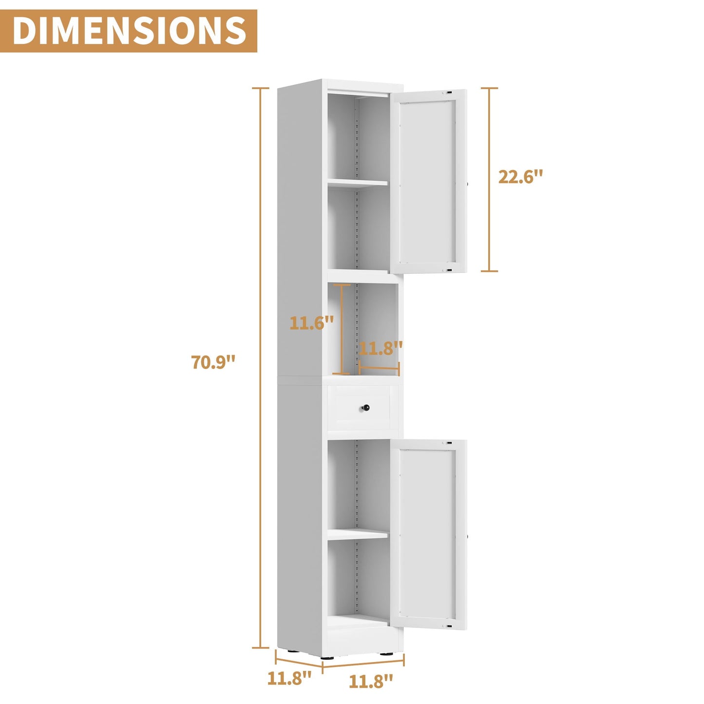 Tall Narrow Bathroom Cabinet With 5-Tier Storage, Adjustable Shelves, Freestanding - White