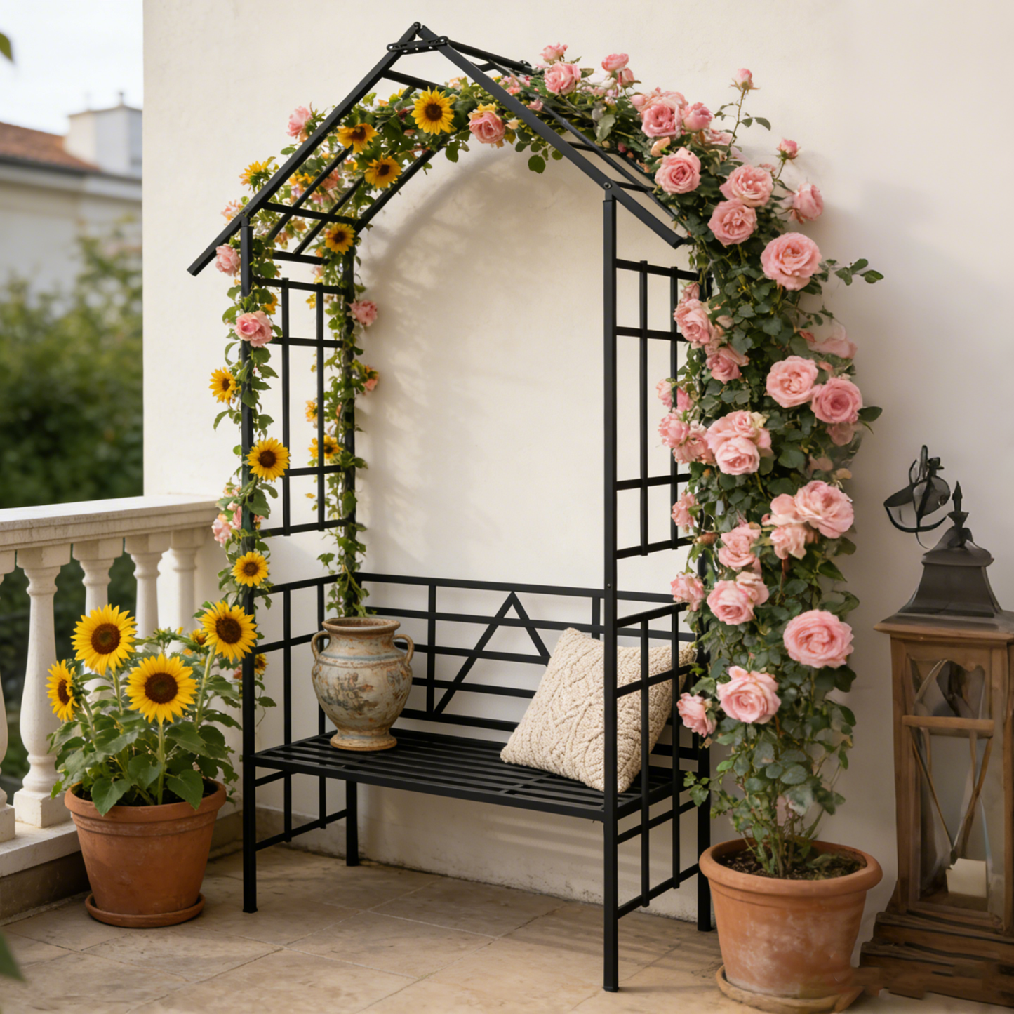Metal Garden Arch with Bench Turned into Flower Stand
